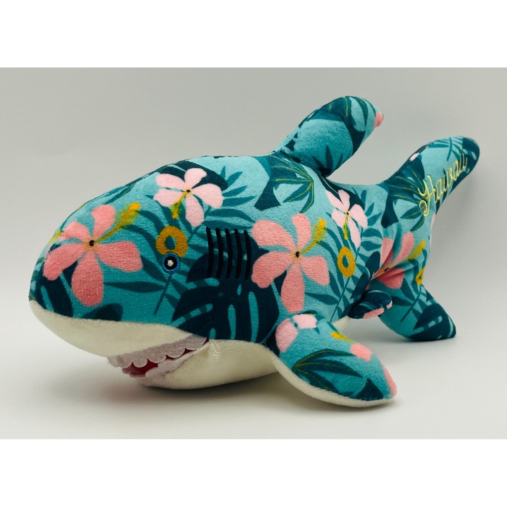 Hawaii Tropical Shark Plush Floral Teal Pink Embroidered Souvenir 10" Toy